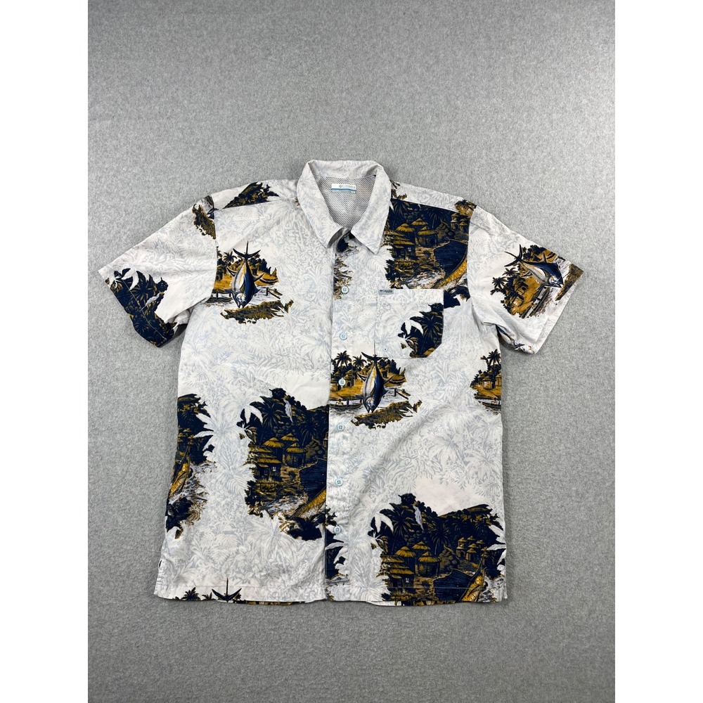 Columbia PFG Trollers Best Fishing Shirt Mens M White Brown Short Sleeve